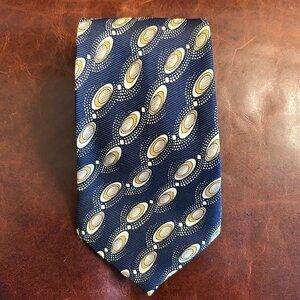 Ranson Paris Men's Tie Navy Blue Gold Silver Oval Orb Pattern Hand Made Korea
